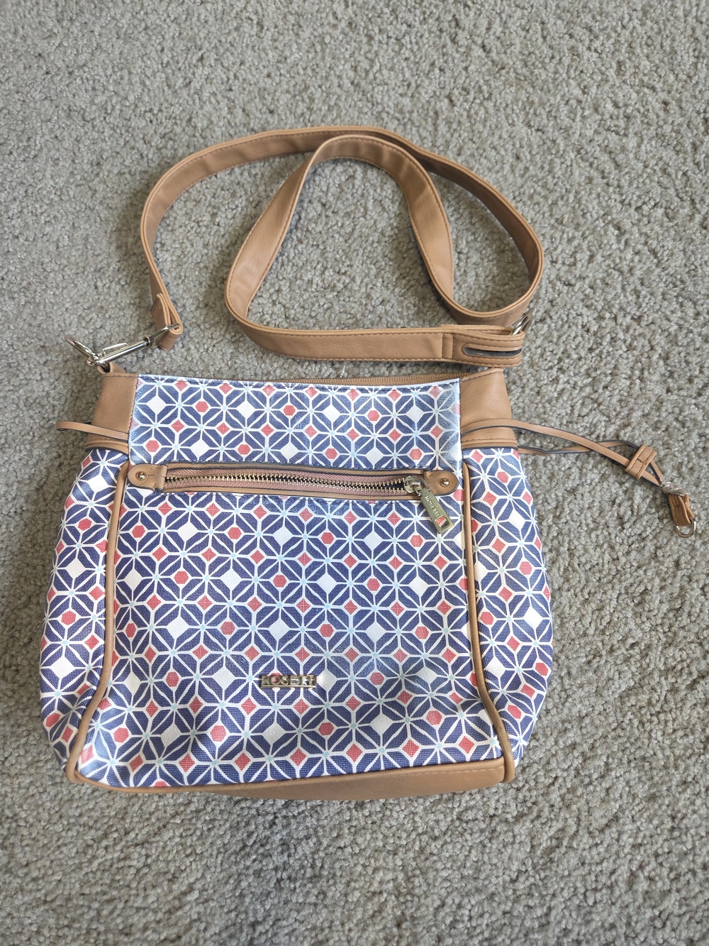 Crossbody Tote in Blue Geometric Print with Tan Trim